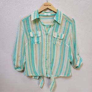 EDGE aqua blue tan cream striped sheer collared blouse button up top waist tie S